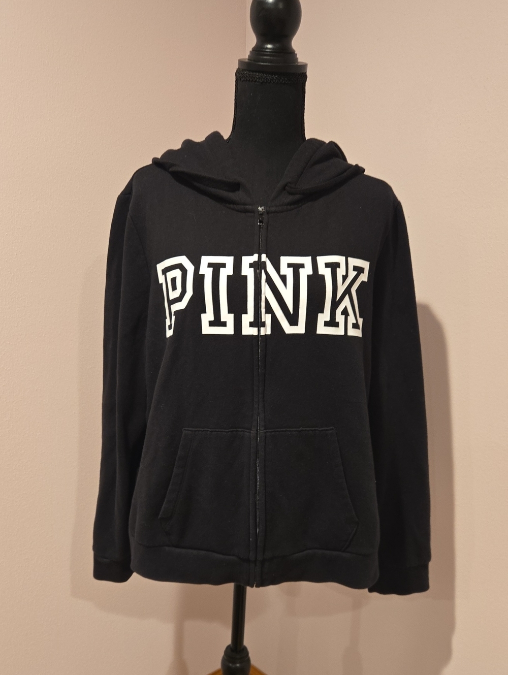 PINK Victoria's Secret Black Zip Front Hoodie with White Logo